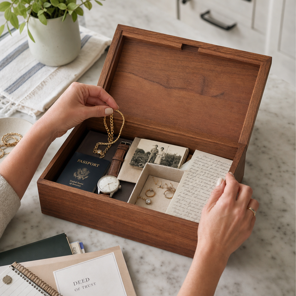 Hands securing valuables and personal items in a box before a residential cleaning service visit