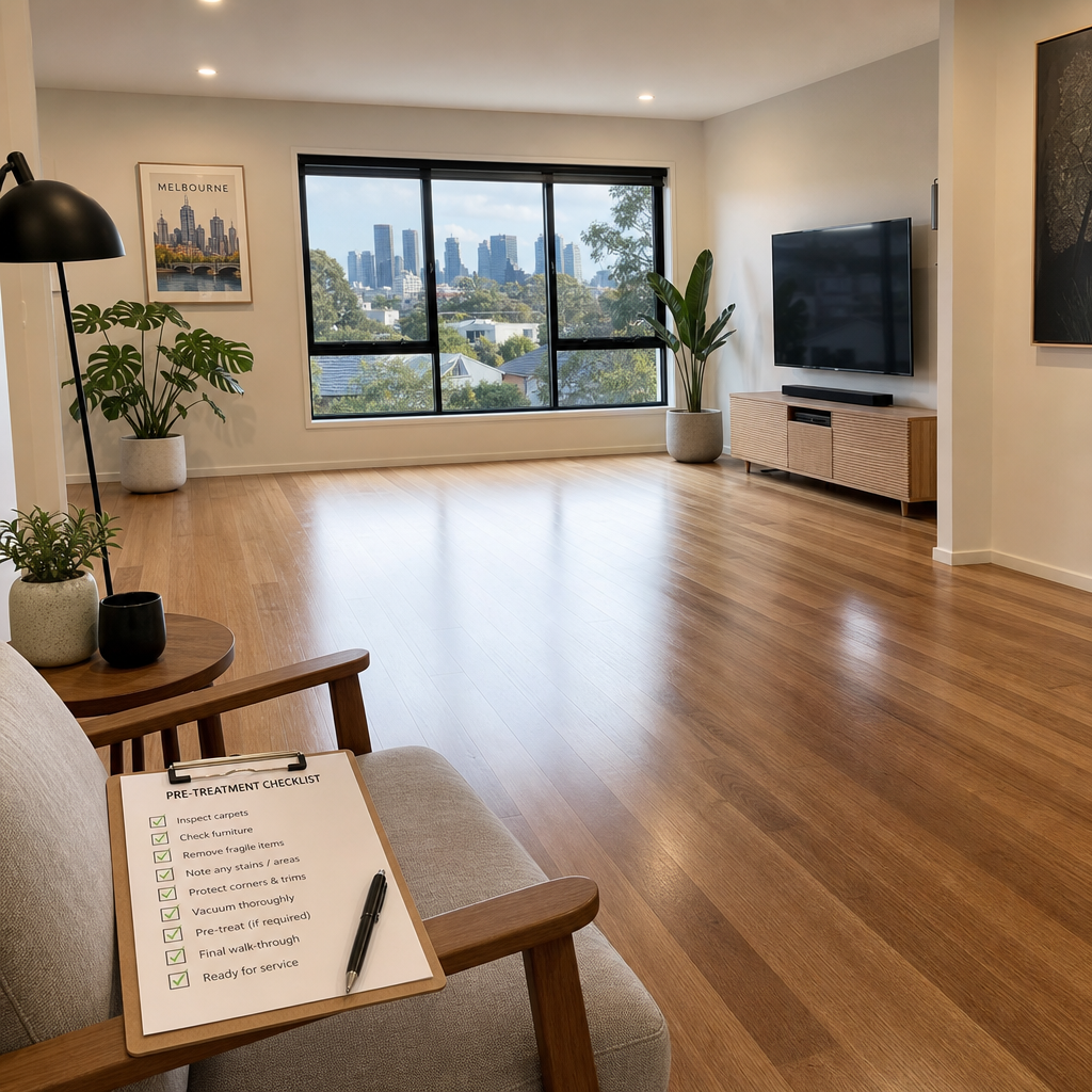 An open, decluttered living room prepared for professional residential cleaning provider with a preparation checklist visible