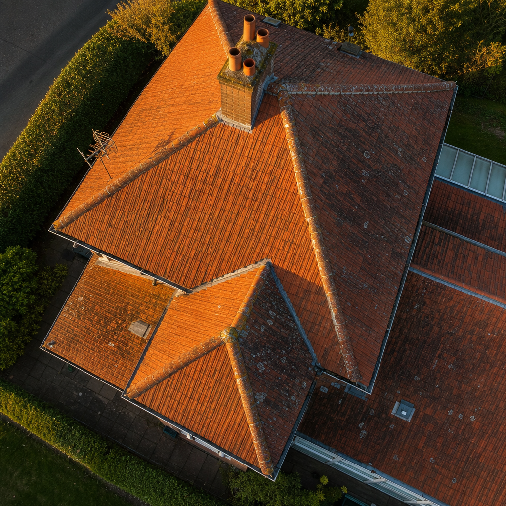 Drone-baseret luftfoto af beboelsesejendoms tag med høj detaljerighed