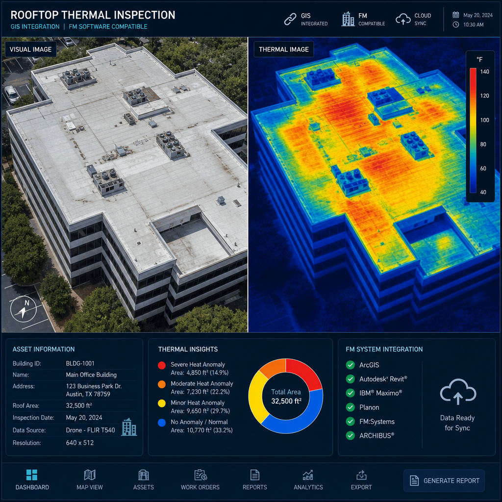 Termisk varmeafbildning af tag med farvekodet analyse til bygningsdatamanagement