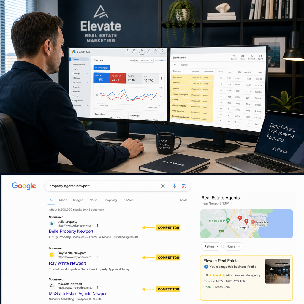 Real estate professional analyzing competitor names in Google Ads dashboard on multiple monitors