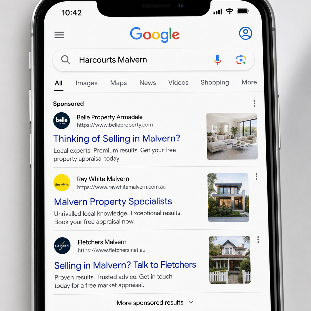 Mobile phone displaying Google search results with competing real estate agency ads