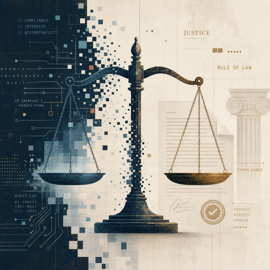 Abstract illustration of law and digital marketing intersection with scales and tech elements