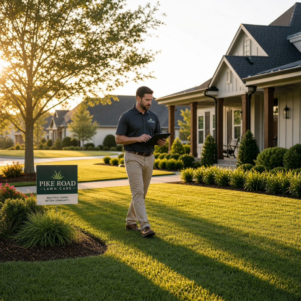 Lawn care professional evaluating a residential property with a tablet