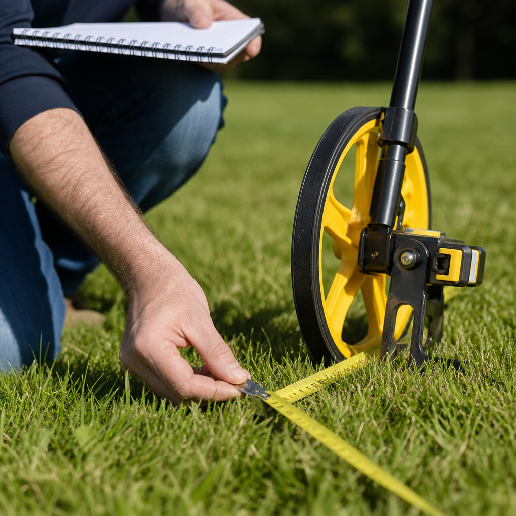 Detailed view of measuring equipment during lawn property assessment