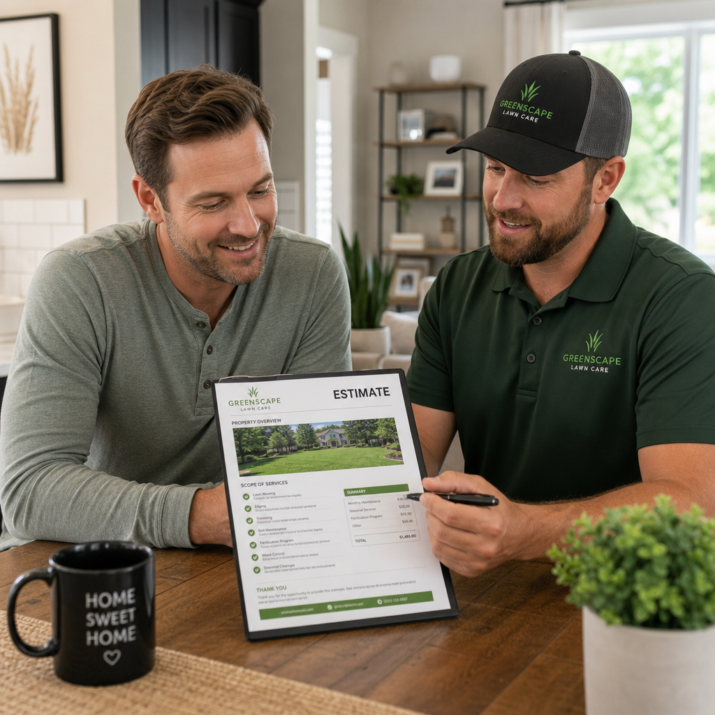 Homeowner and professional discussing lawn care estimate at table