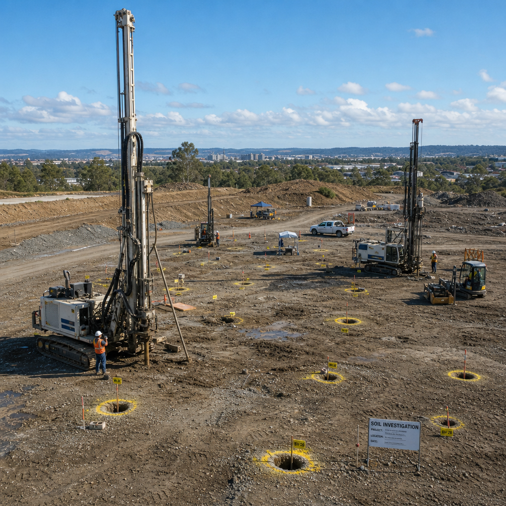 Chantier de construction avec équipement de forage pour étude géotechnique