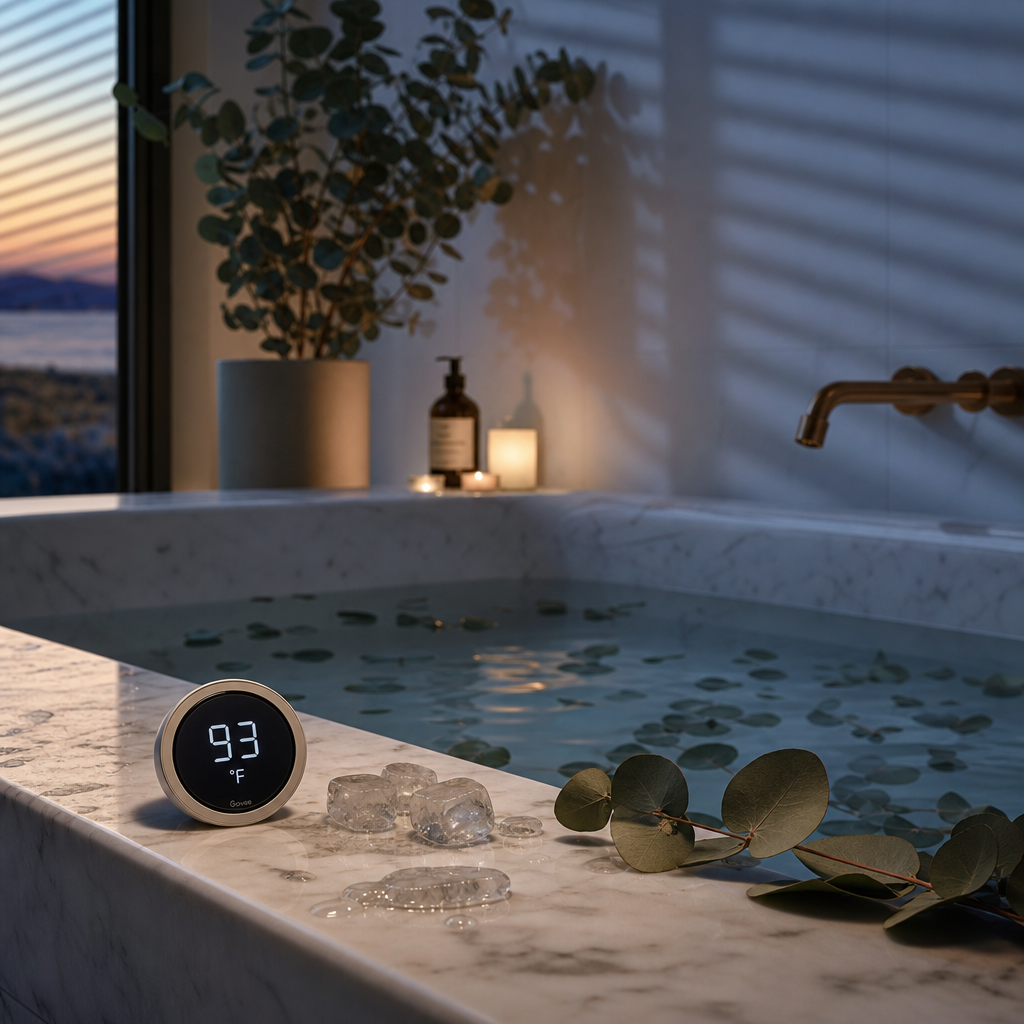 Minimalist bathroom with cooling bath setup and eucalyptus accents during sunset