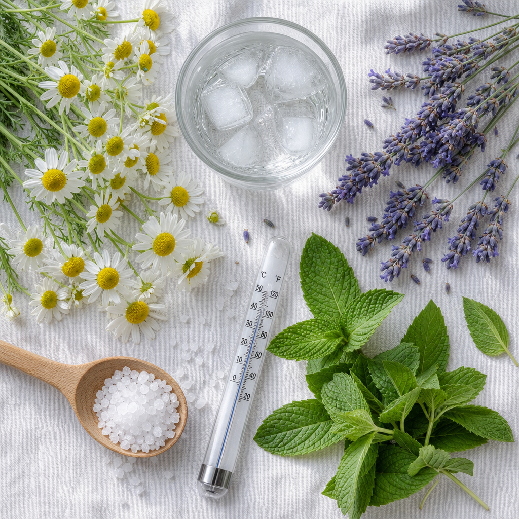 Overhead arrangement of natural cooling bath ingredients and botanical elements