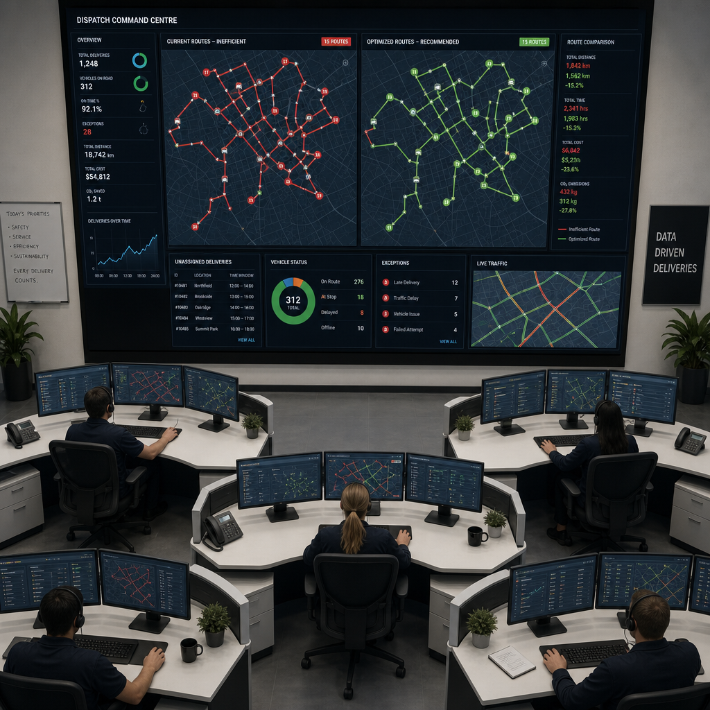Dispatch centre displaying route optimization analysis with efficiency metrics
