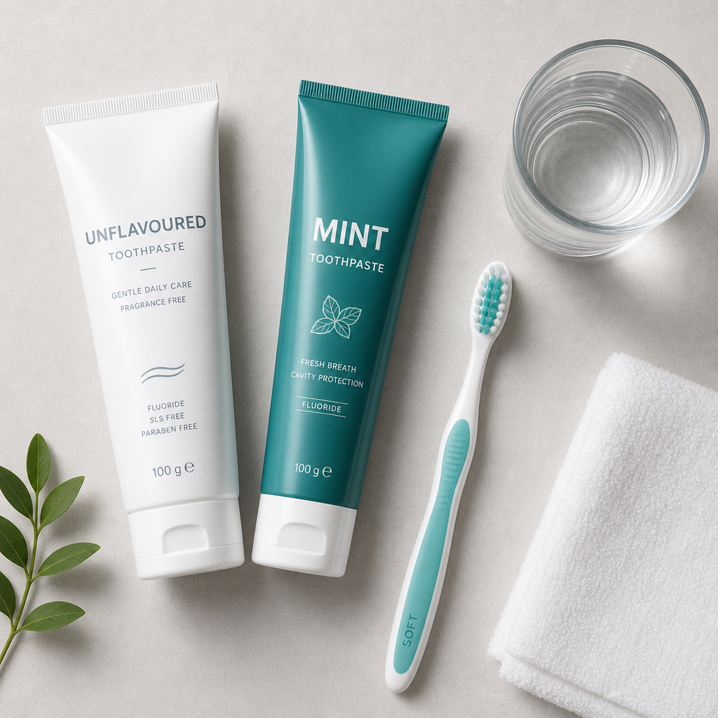 Comparison of different toothpaste types displayed in a flat lay arrangement