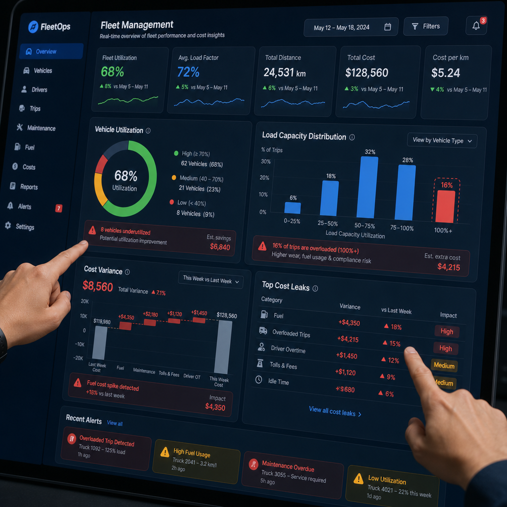 Fleet management dashboard revealing load utilization and cost analysis metrics
