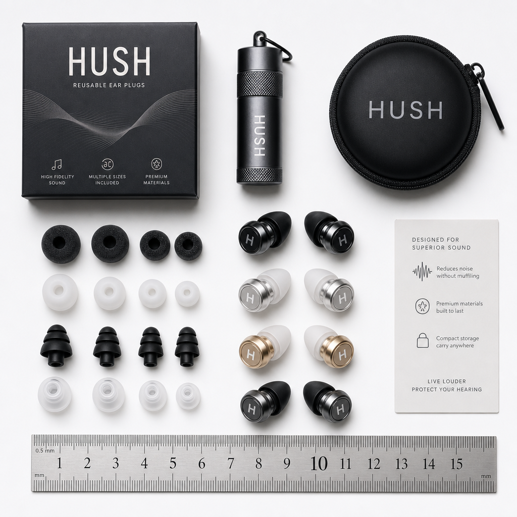 Premium reusable ear plugs in different styles and colors displayed with size reference on white background