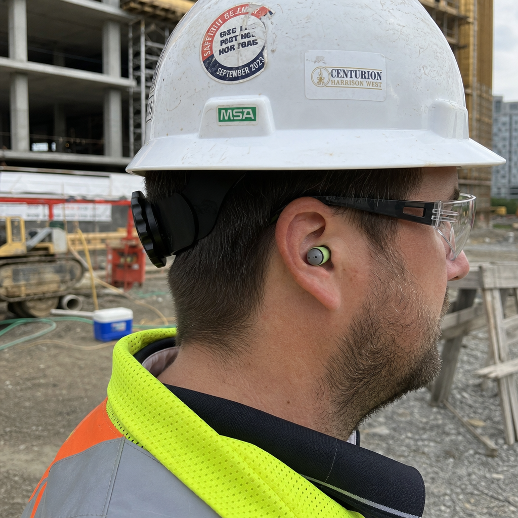 Person wearing premium ear plugs in an industrial or noisy work environment