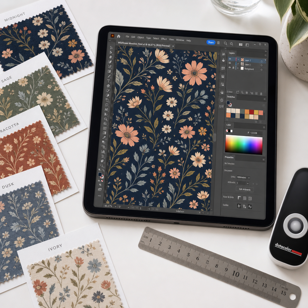 Digital design file on tablet with printed fabric swatches and colour tools on a work desk