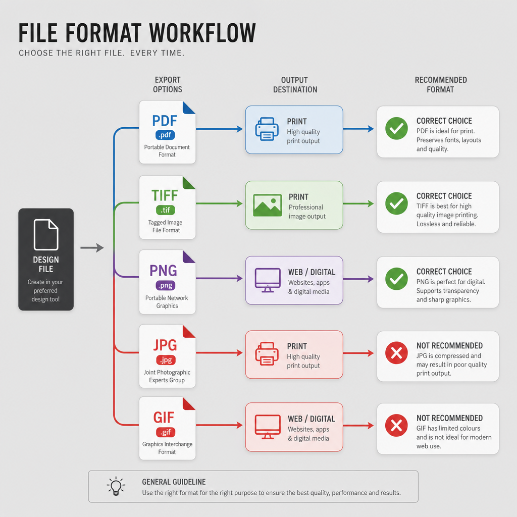 Infographic showing file format workflow paths with correct and incorrect options