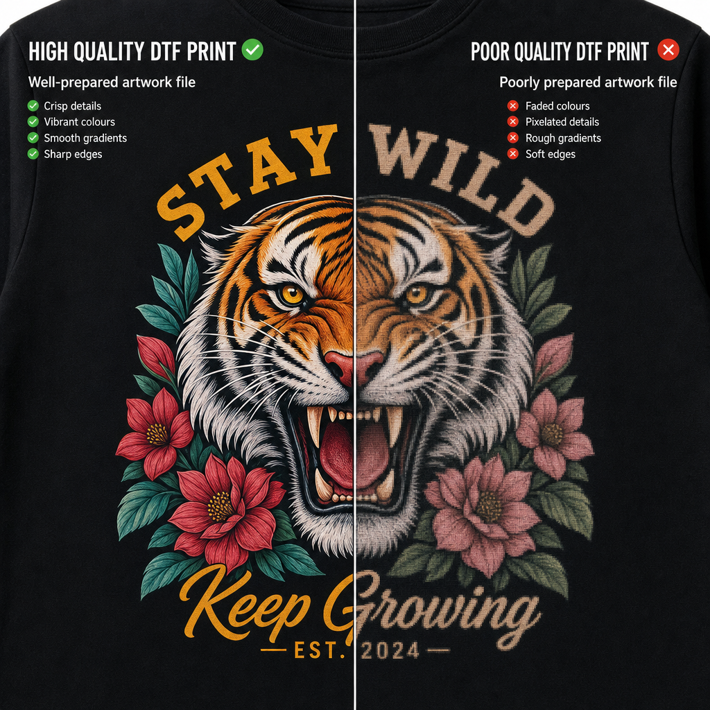 Side-by-side comparison of high-quality versus poor-quality DTF printed results on fabric