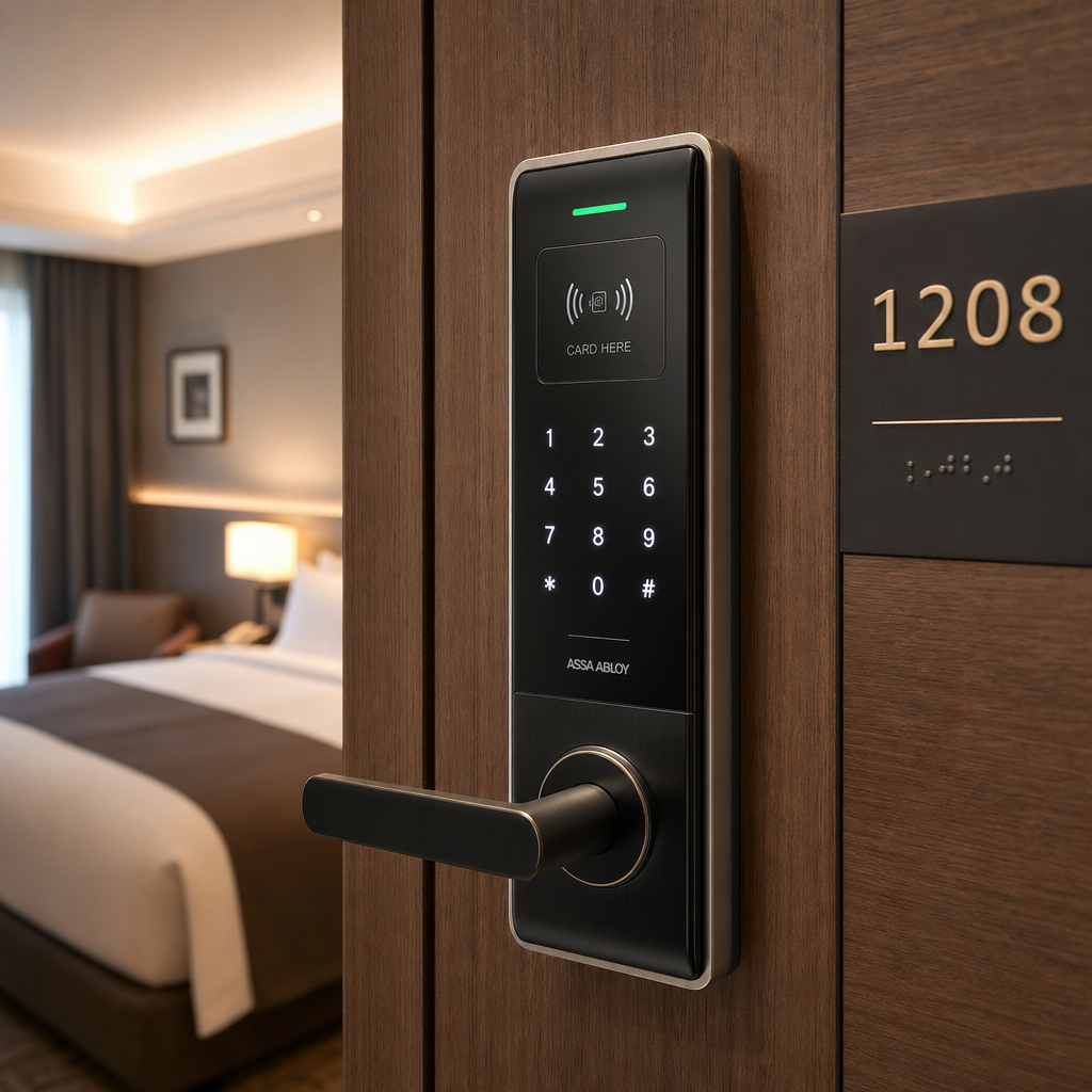 Modern electronic card reader and digital keypad lock on a hotel room door