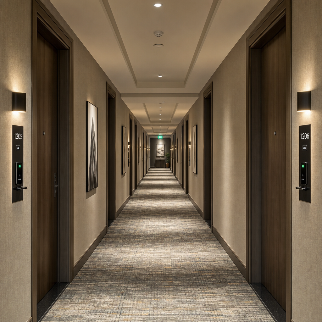 Hotel corridor with multiple rooms featuring smart access control systems