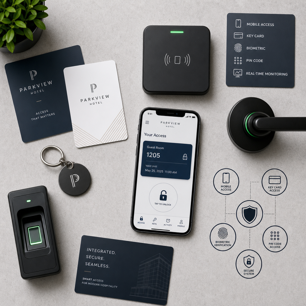 Hotel security technology elements including key cards, biometric scanner, and mobile access app
