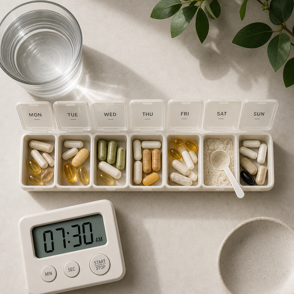 Weekly supplement organiser displaying daily compartments filled with different vitamins and supplements