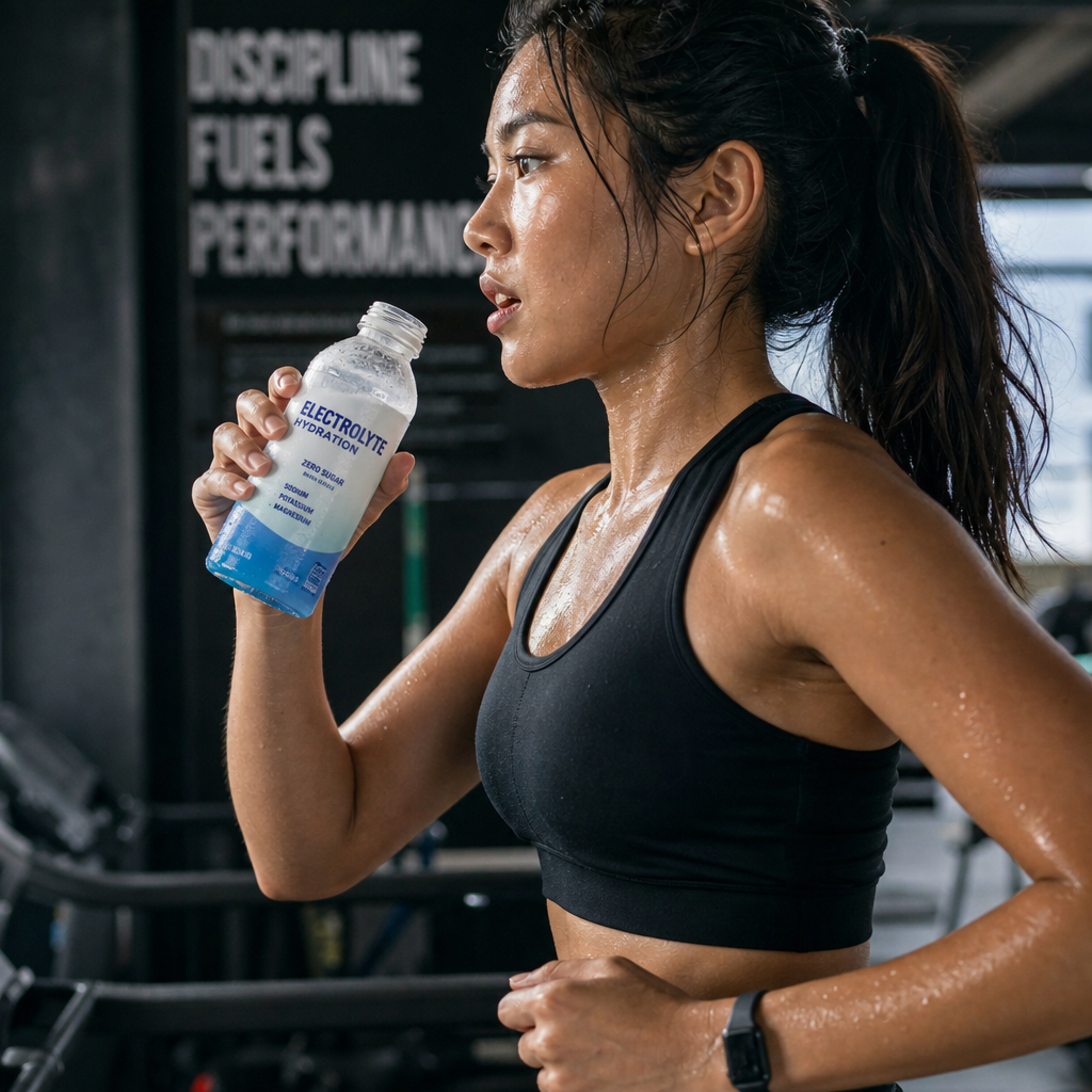 Athlete drinking electrolyte supplement during an intense workout session