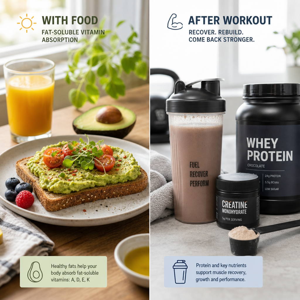 Comparison of supplement timing with meals showing pre-workout breakfast and post-workout recovery nutrition