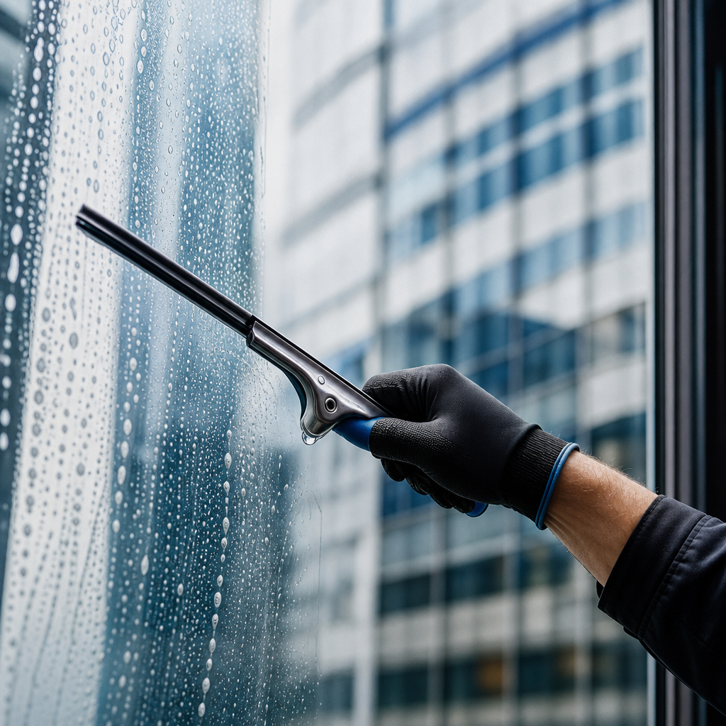 Professional window cleaner using squeegee technique on building exterior glass