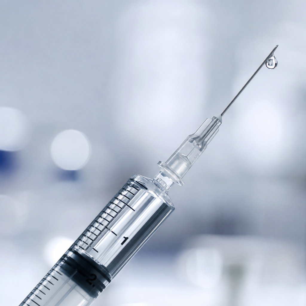 Close-up of a medical syringe containing clear hyaluronidase solution with clinical lighting