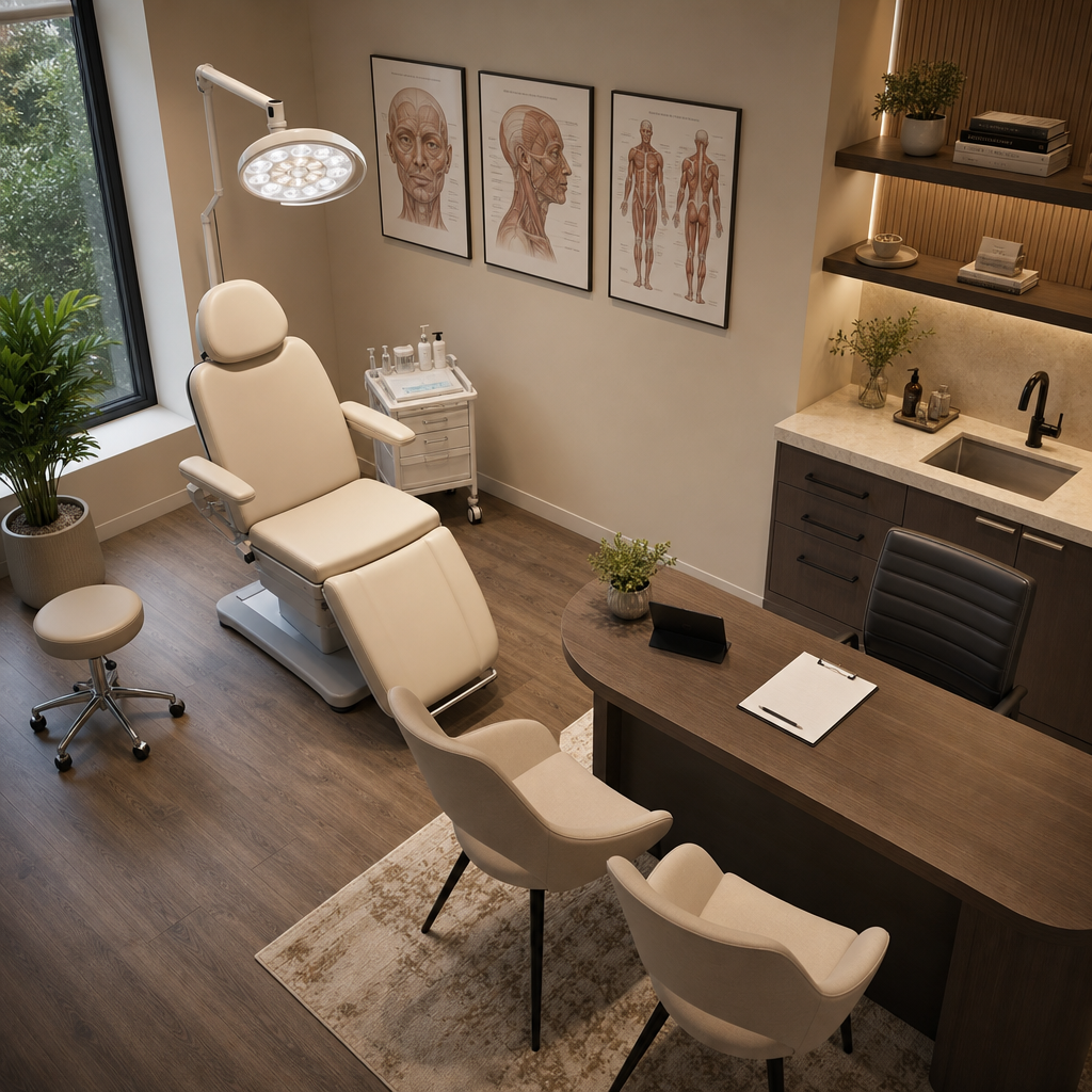 Modern aesthetic clinic treatment room with consultation seating and professional medical environment