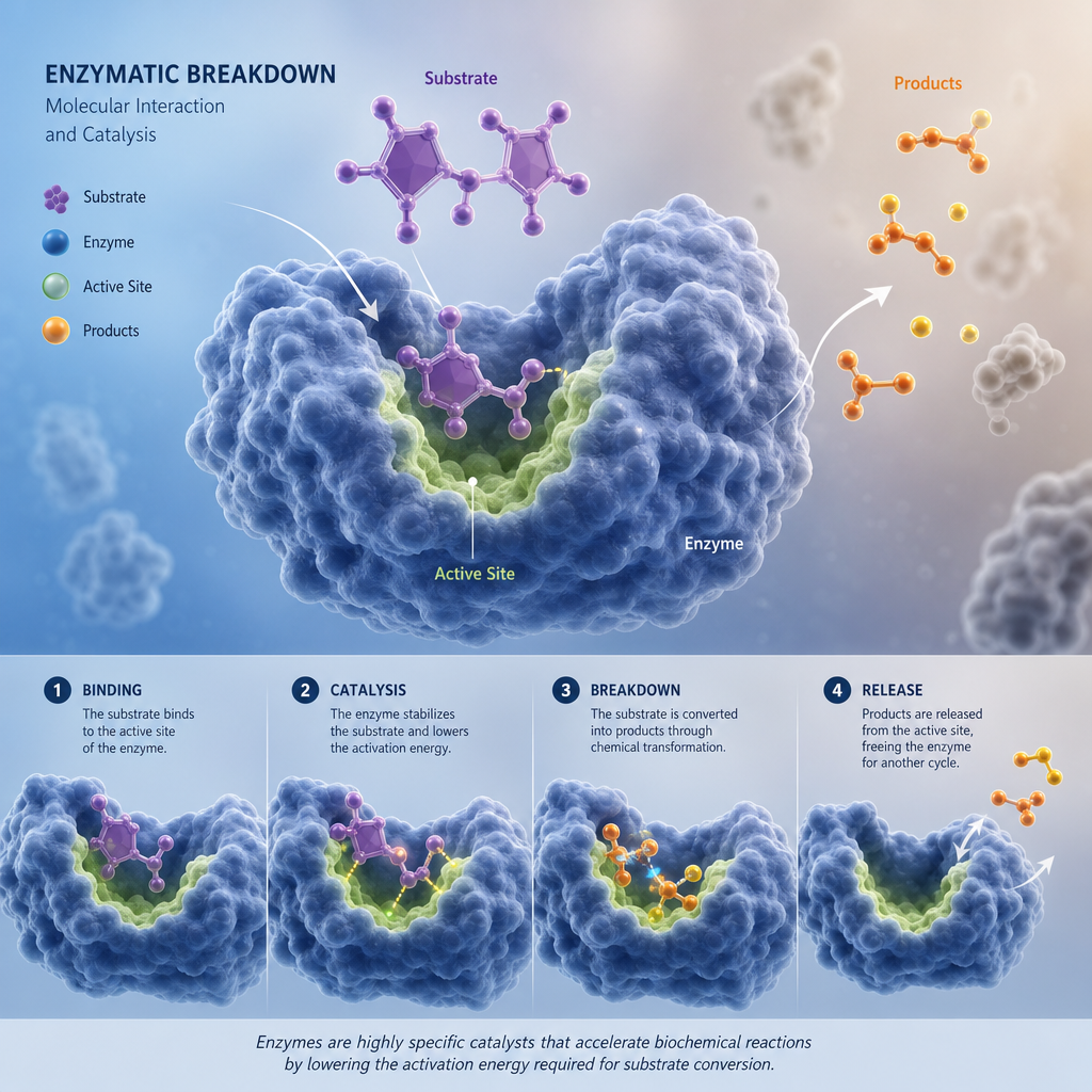 Abstract visualization of enzymatic molecular breakdown process in scientific illustration style