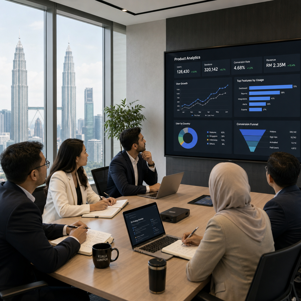 Corporate team watching an explainer video in a modern Malaysian office meeting room