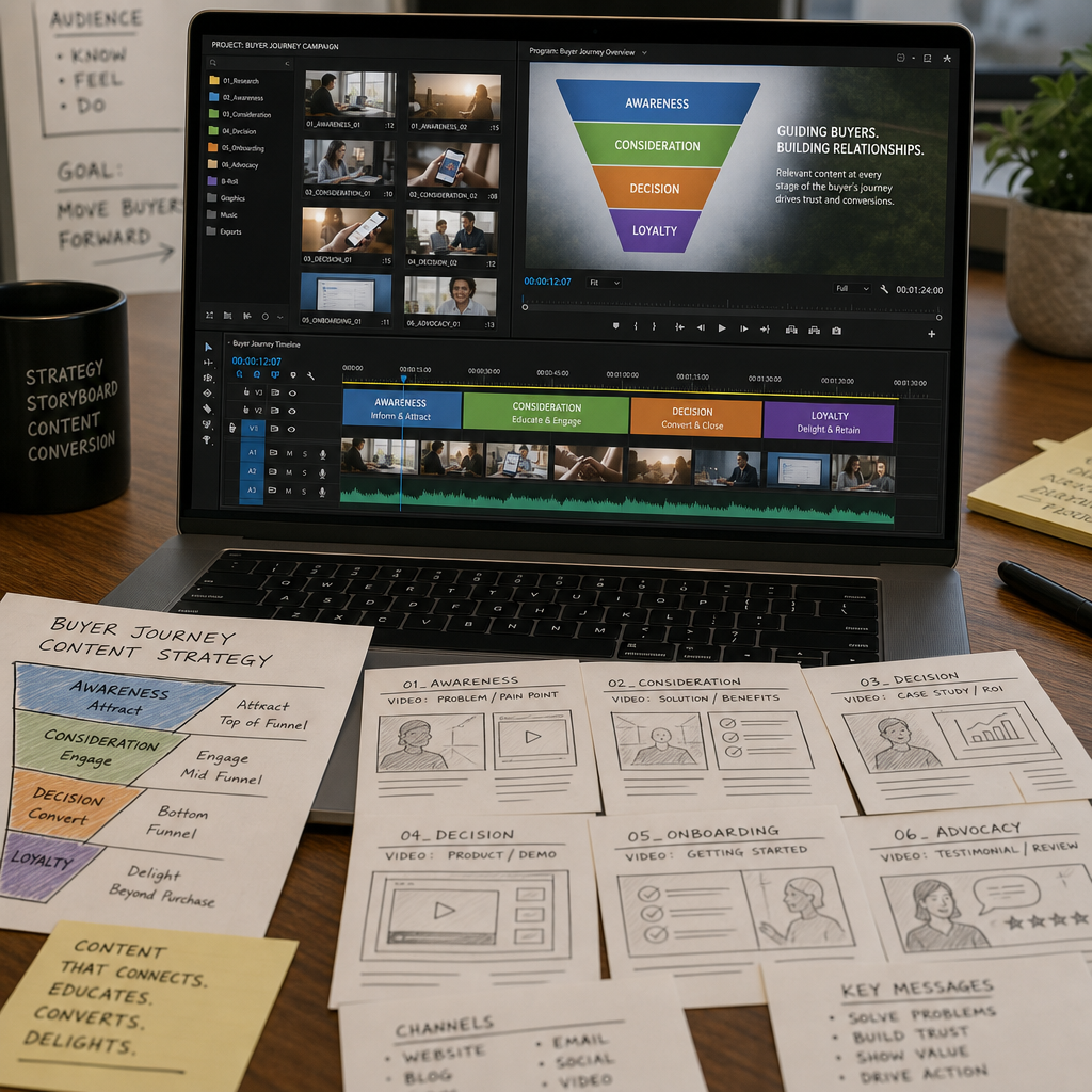 Video editing workspace showing explainer content structured for different stages of the B2B buying journey