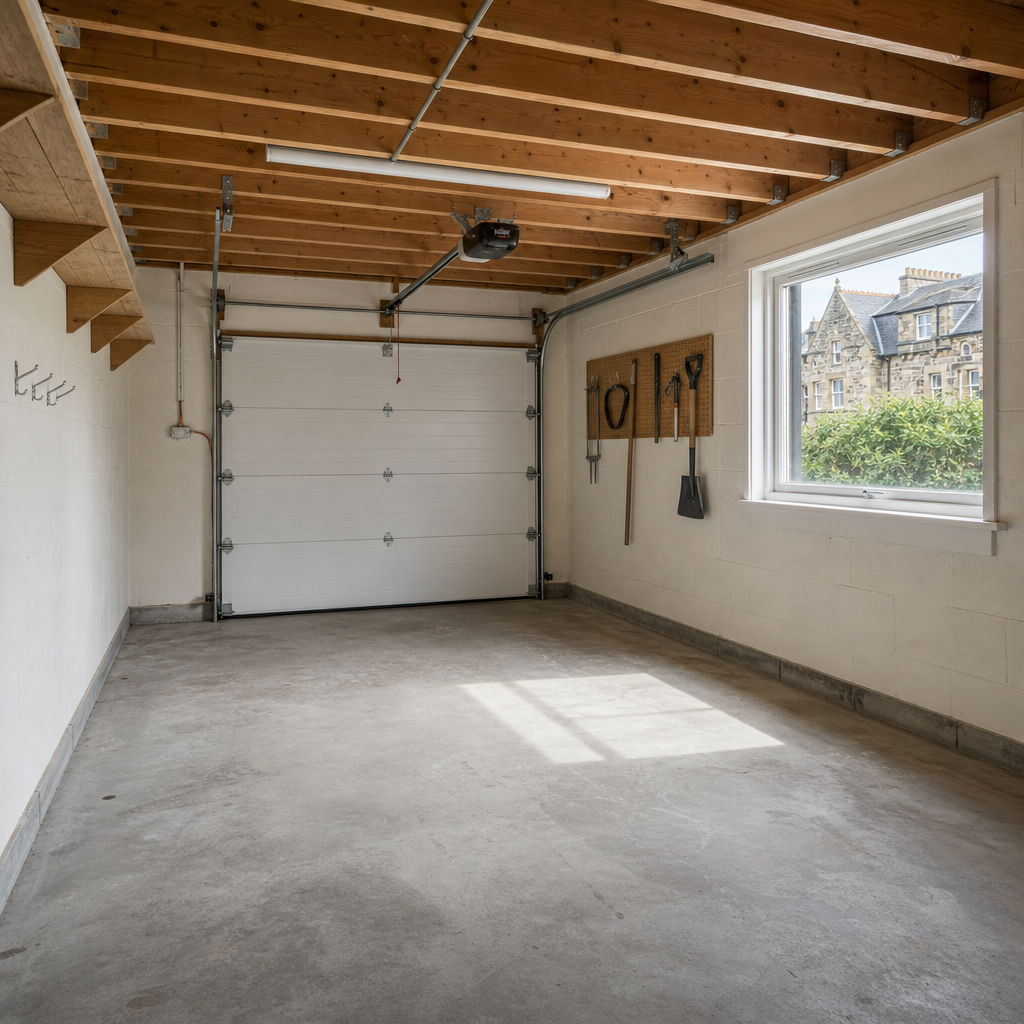 Empty Edinburgh garage interior showing structural integrity and conversion potential