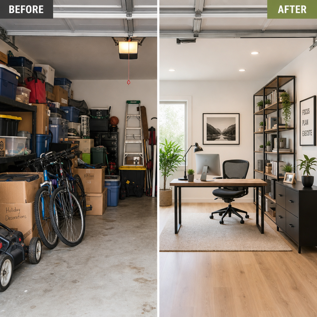 Before and after comparison of garage conversion from storage space to functional home office
