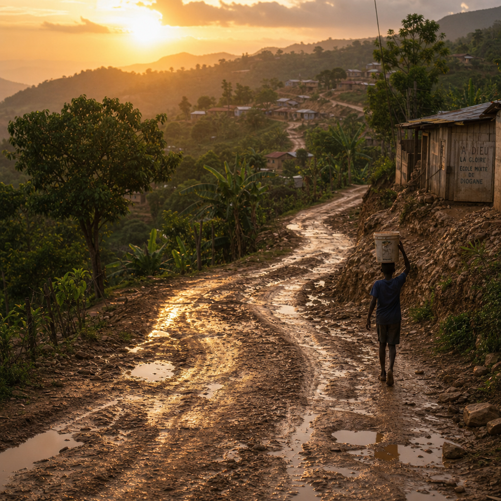 Unpaved rural road in Haiti with water pooling during rainy season