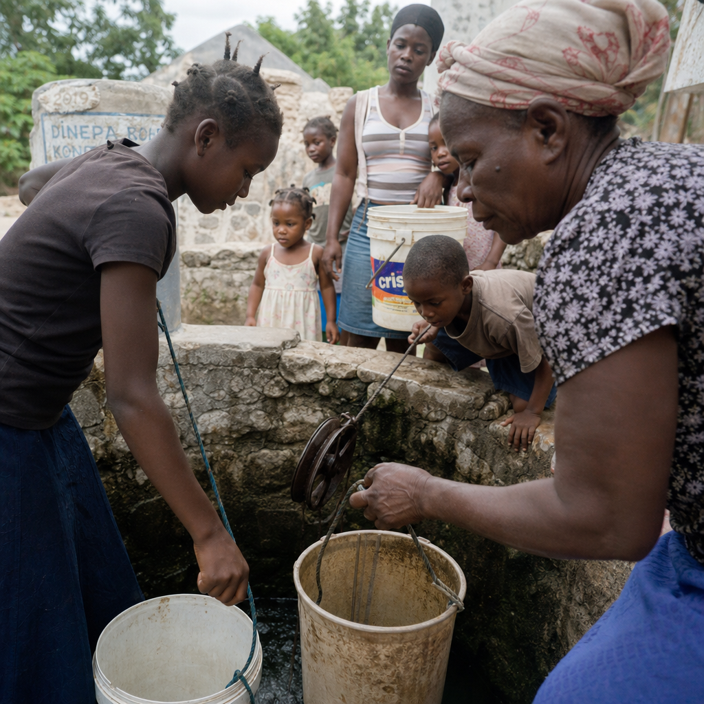Rural Haitian community members at a communal water collection point