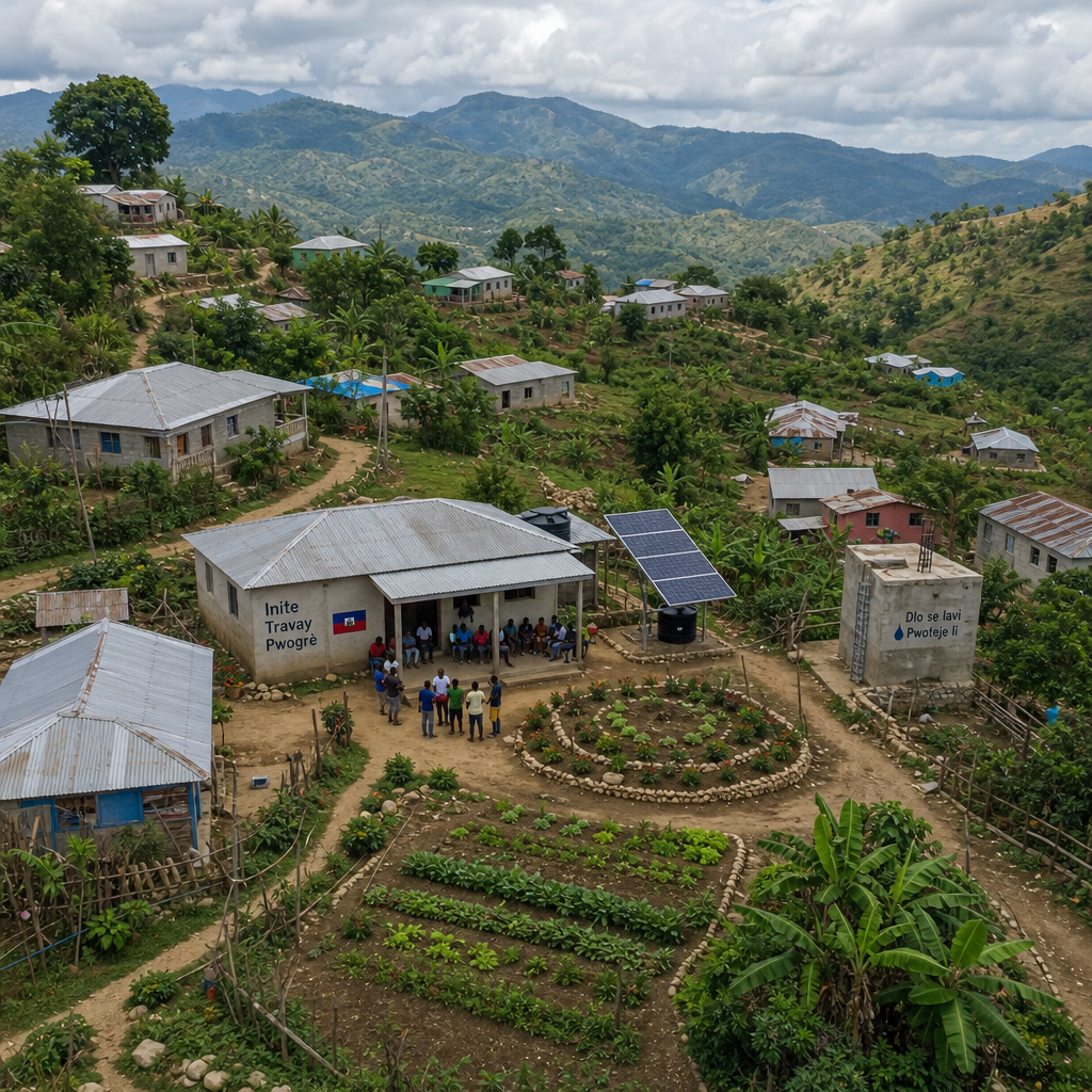 Elevated view of a rural Haitian settlement showing community structures and agricultural spaces