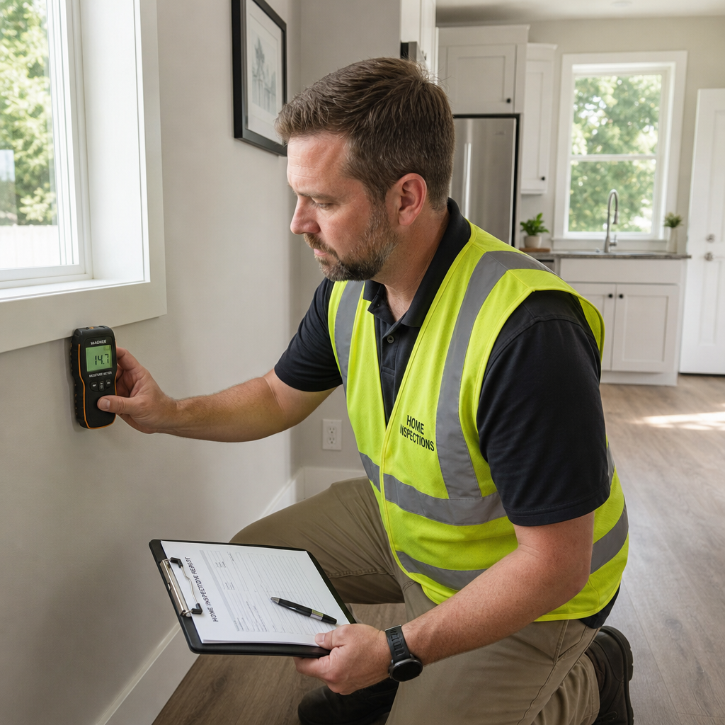Home inspector checking for moisture and defects on granny flat interior wall