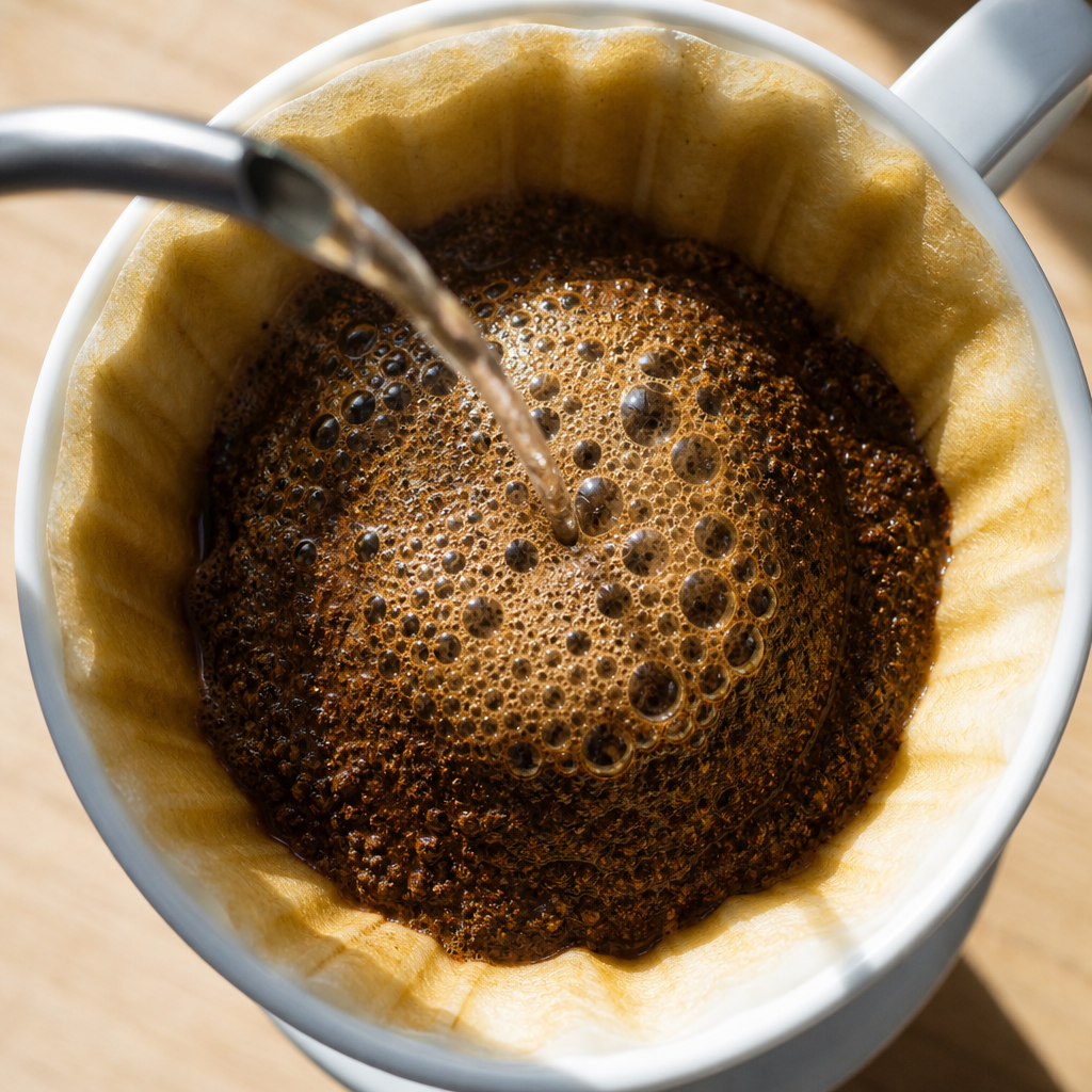 Fresh coffee blooming with CO2 bubbles during pour-over brewing