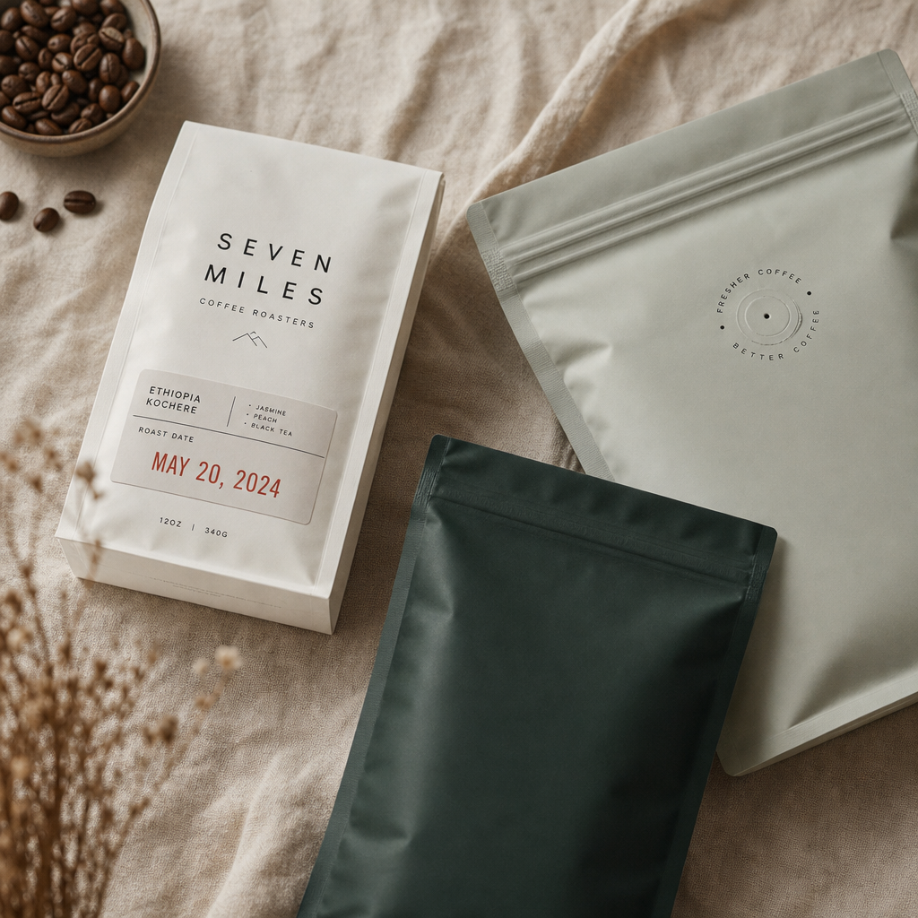 Three coffee bags showing roast dates and degassing valve differences