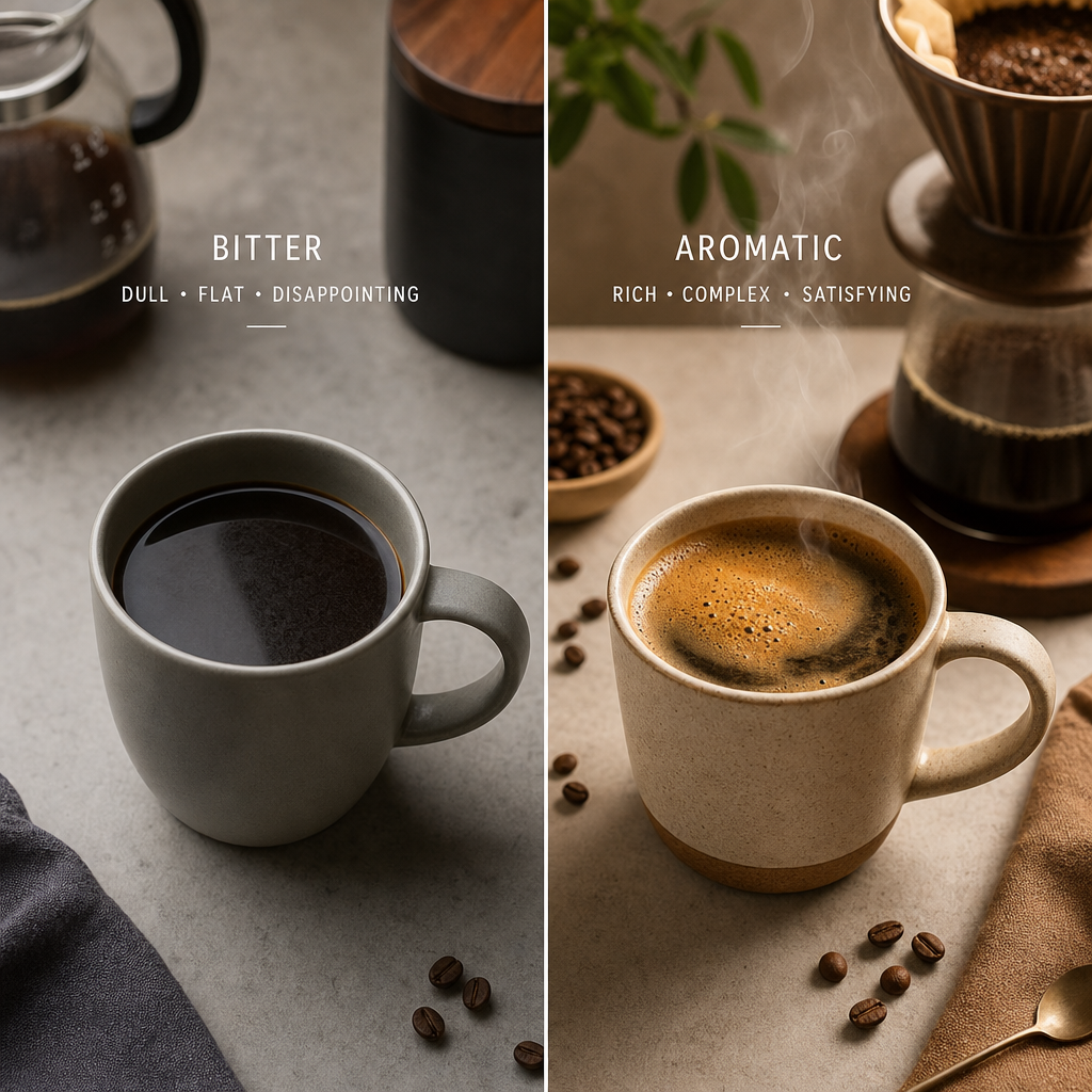 Side-by-side comparison of flat stale coffee versus vibrant fresh coffee