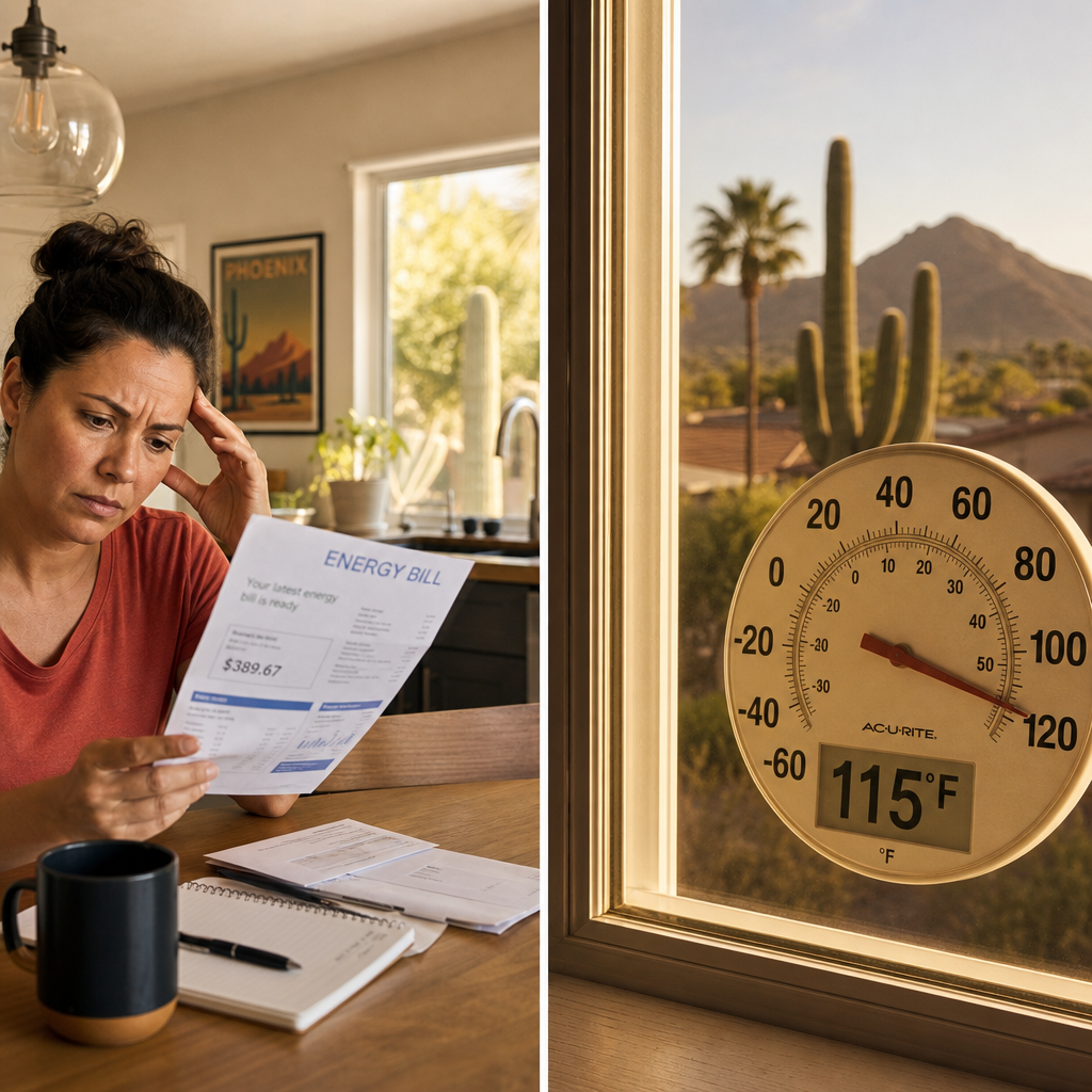 Phoenix homeowner examining high summer energy bill with extreme heat visible outside