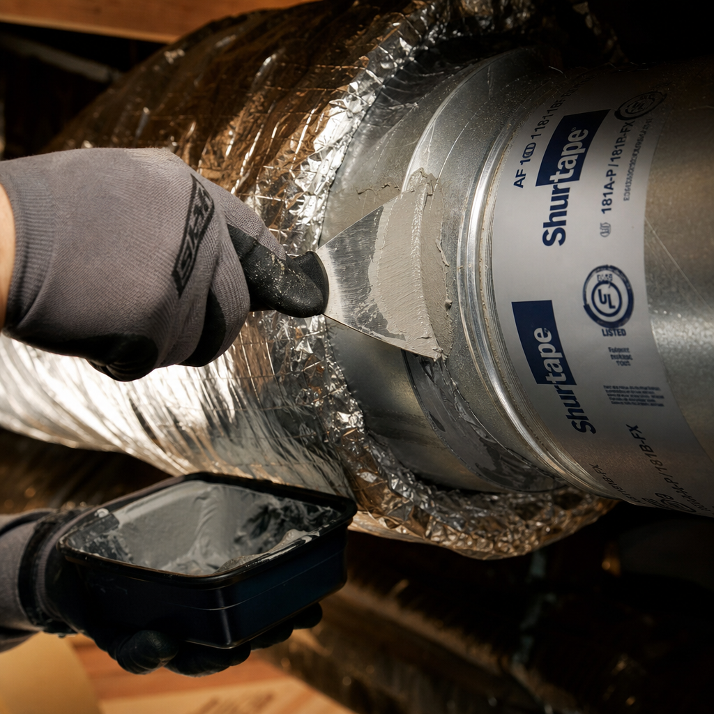 Professional technician sealing ductwork seams with mastic sealant