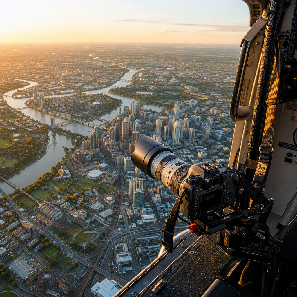 Widok z helikoptera na miasto z aparatem fotograficznym w pierwszym planie