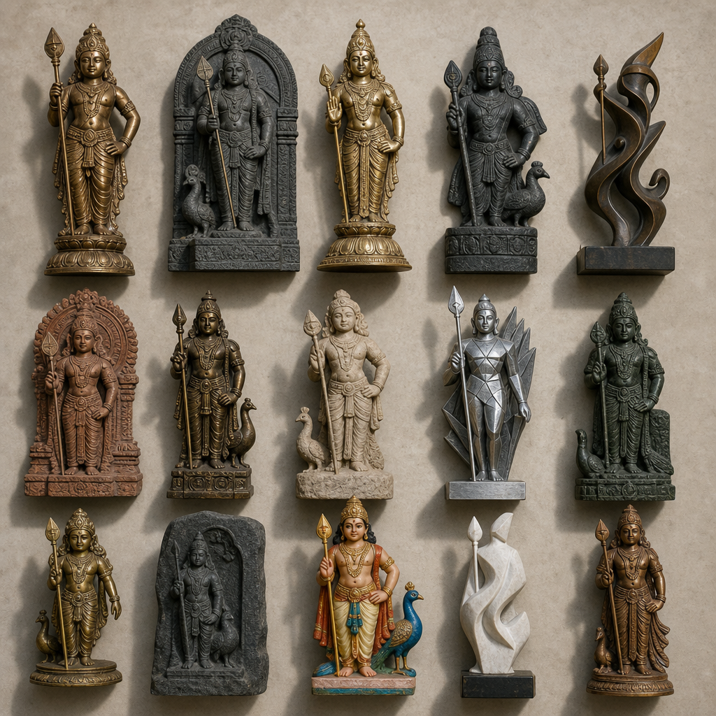 Colección de diferentes estatuas de Murugan que muestran diversos estilos artísticos e interpretaciones regionales.