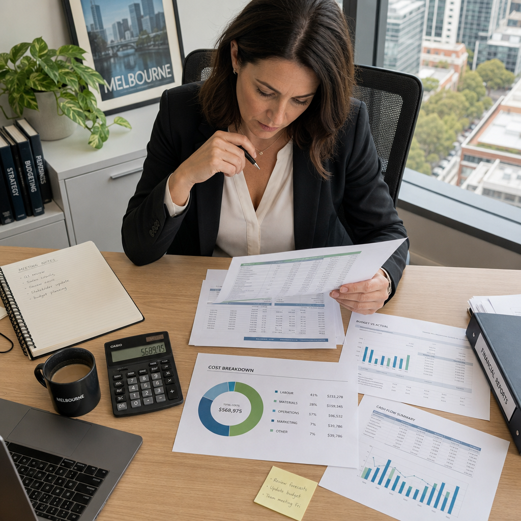 Office manager analyzing cleaning cost spreadsheets and financial data before shifting to a commercial cleaning service provider 