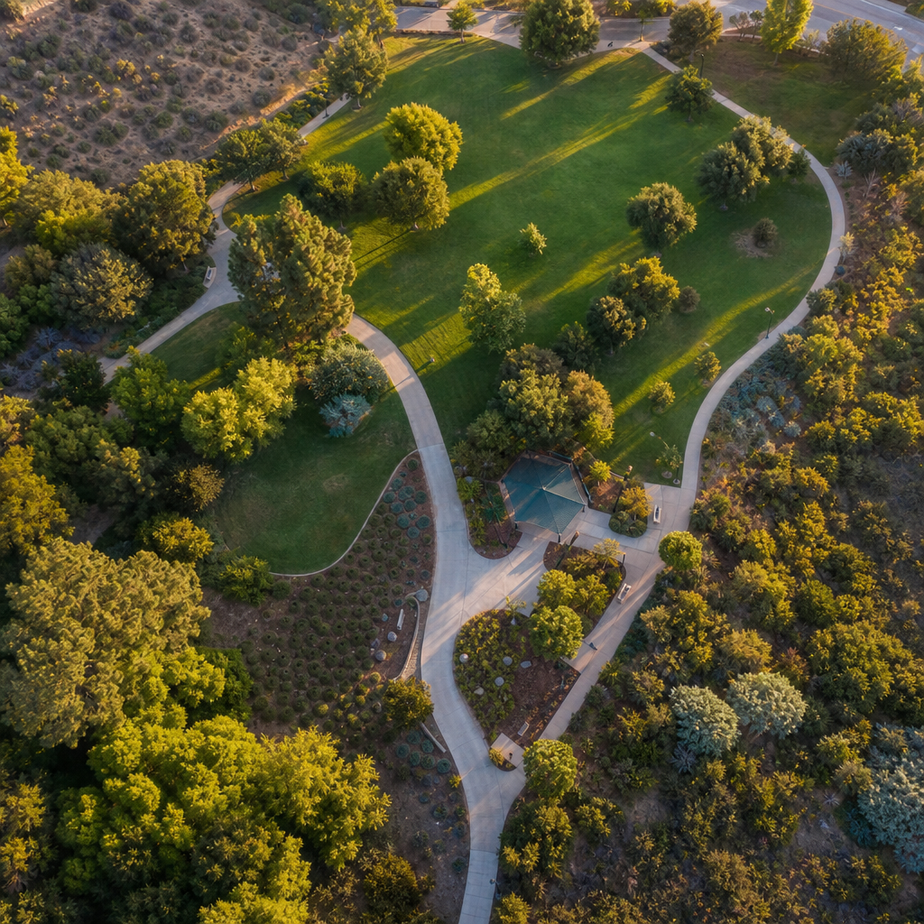 Luftfoto fra drone over kommunal park med forskellige vegetationszoner og belægninger