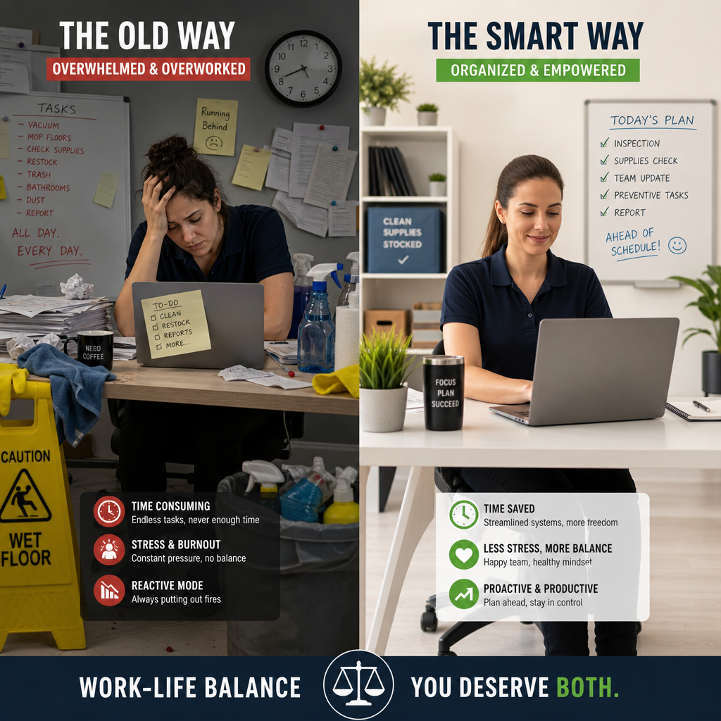 Contrast between overwhelmed in-house cleaner versus organized professional workspace - benefit of using a commercial cleaning service provider