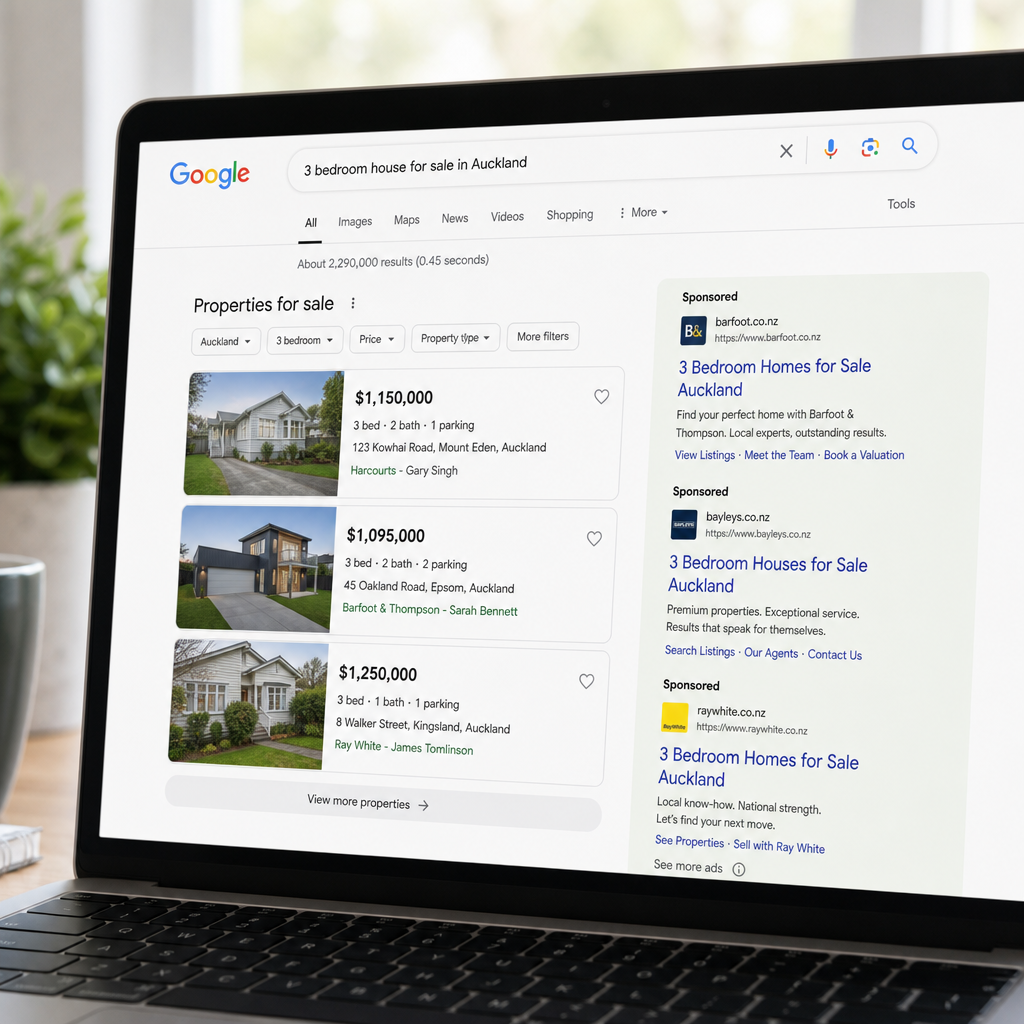 Google Search results page displaying real estate sponsored ads and property listings